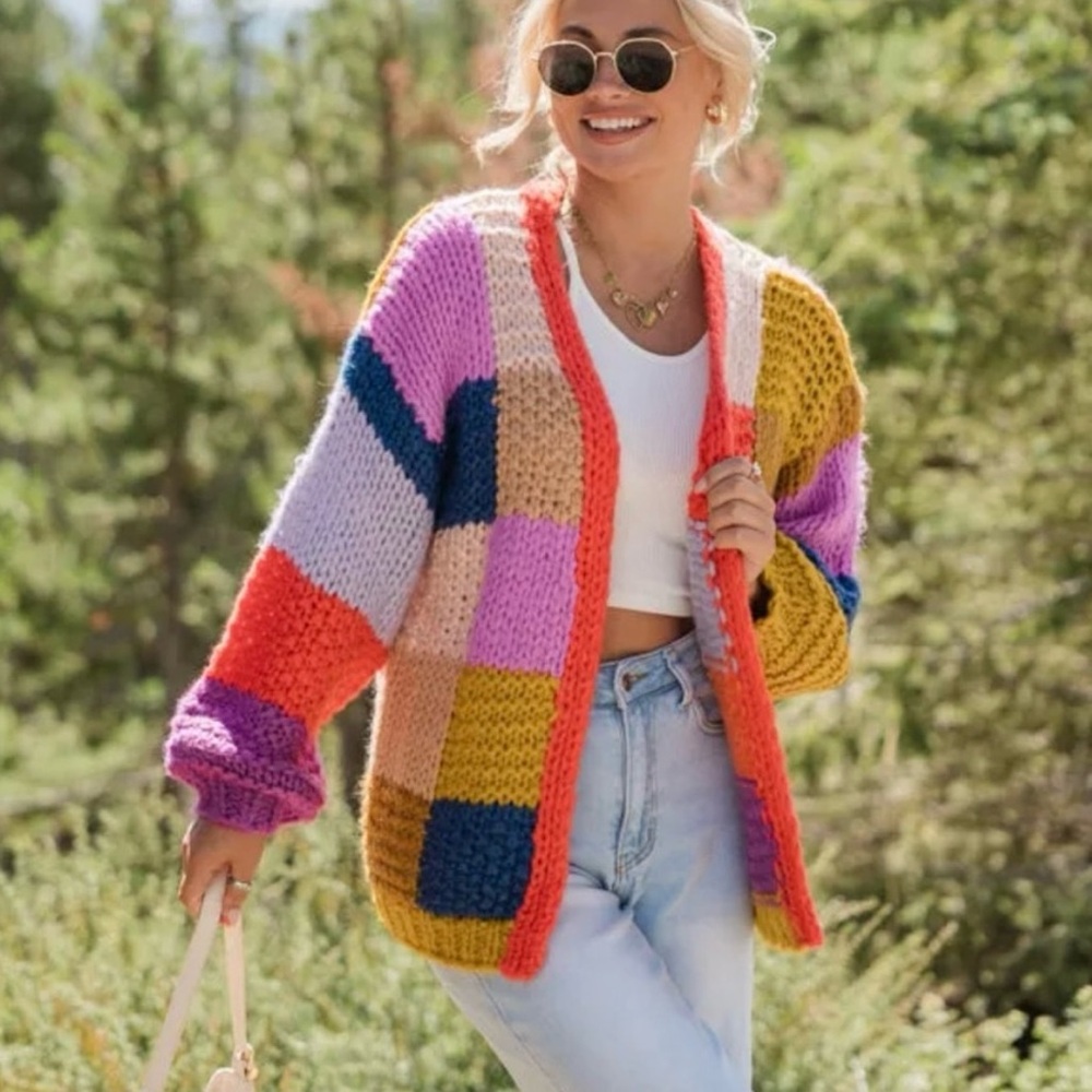 Saachi Rainbow Patchwork Chunky Knit Open Cardiga… - image 1